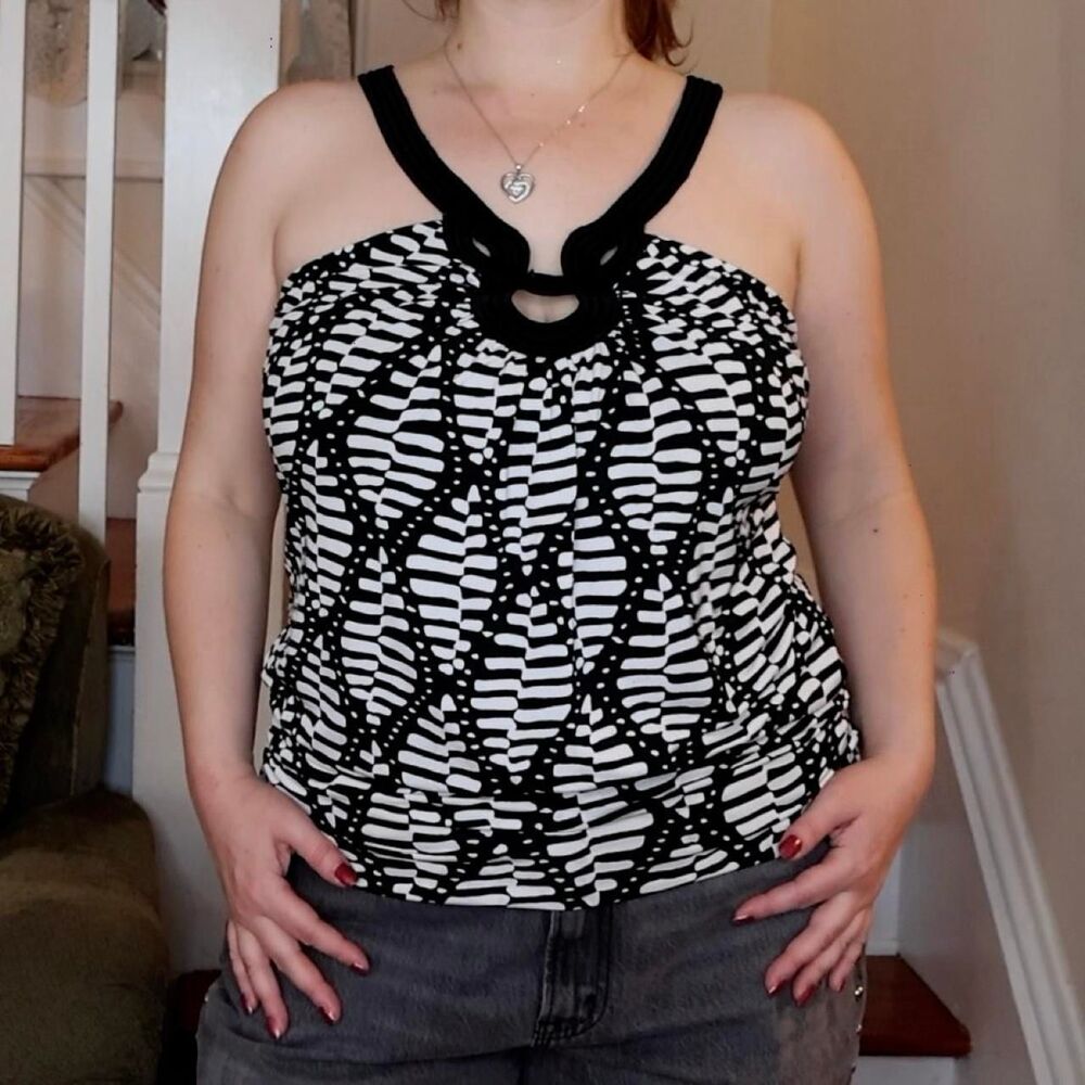 Charlotte Russe Y2K Black White Geometric Tank Sz Large Indie Sleaze Halter Alt